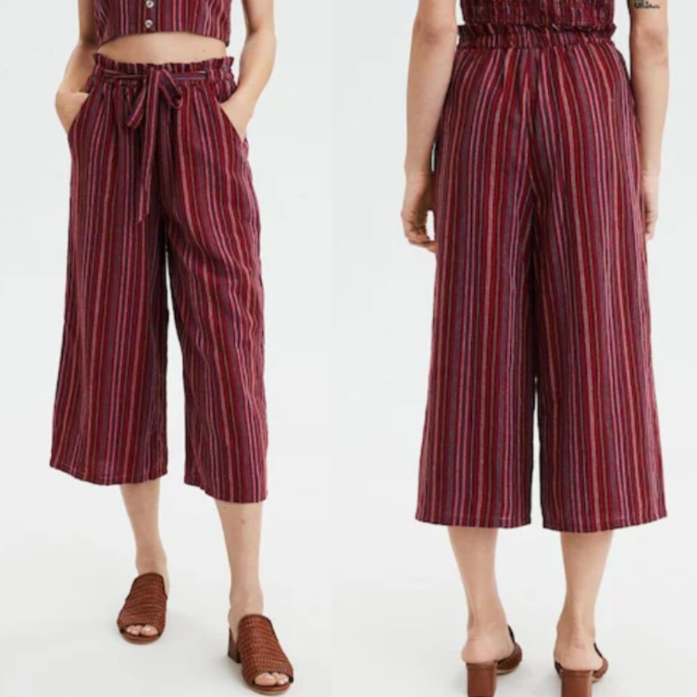 AMERICAN EAGLE High-Waisted Striped Paperbag Culotte Womens M Linen Cotton Boho